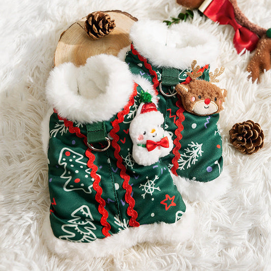 KFX-0643645 Cozy Green Christmas Dog Shirt with Snowman Patch and D-Ring for Small Pets