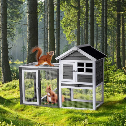 KFX-0648509 Gray Fir Wood Rabbit Hutch with Run and Ladder for Small Pets