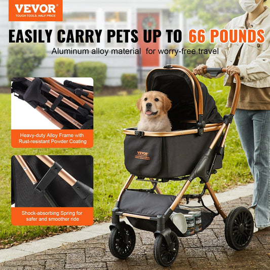 KFX-0668349 Pet Stroller for Small to Medium Dogs, Lightweight with 66 lbs Capacity, Detachable Carrier, Mesh Windows, and Adjustable Handle