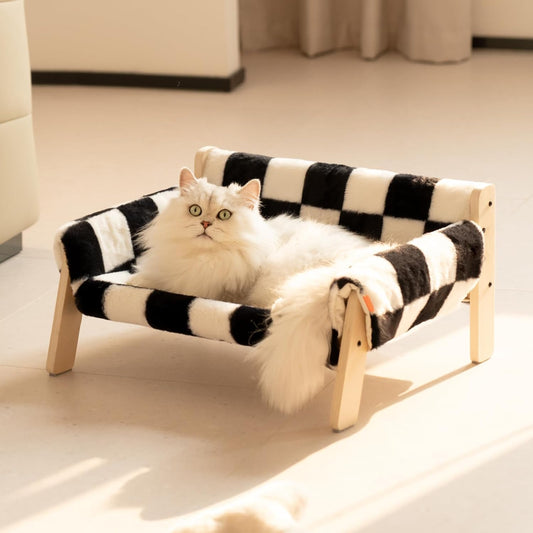 KFX-0670525 Stylish Raised Cat Bed with Wooden Legs, Removable Washable Cover, and Soft Checkerboard Design for Indoor Use