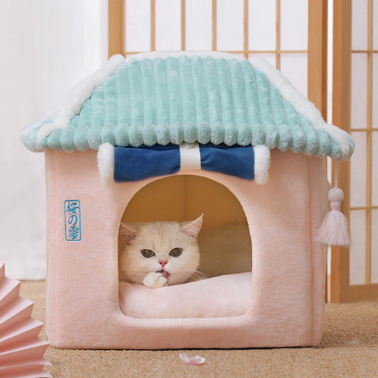 KFX-0687421 Removable and Washable Cat House with Thick Reversible Cushion - Indoor Cat Villa in Tibetan Blue or Green