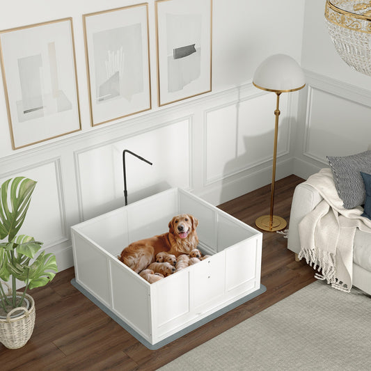 KFX-0694589 Whelping Box for Puppies with Adjustable Door, Pig Rail & Cleaning Pad - Fits Small to Large Breeds, 41" x 39"