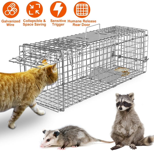 KFX-0714045 Foldable Galvanized Wire Live Animal Trap Cage for Cats and Small Animals Under 4.4 lbs