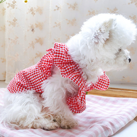 KFX-0720317 Casual Red and Yellow Checkered Pet Shirt with Bowknot
