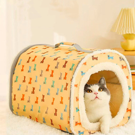 KFX-0725949 Cozy Closed Cat Nest - Removable, Washable, Anti-Collapse Design in Cream Yellow & Mint Green