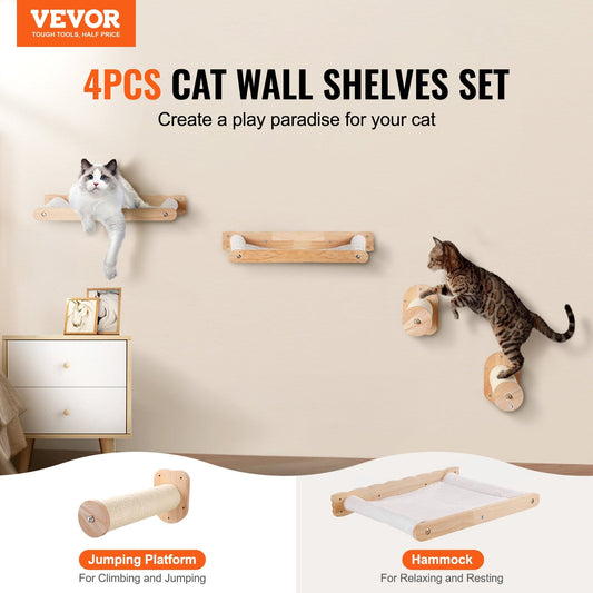KFX-0734909 Wall-Mounted Cat Furniture Set with Jump Posts, Hammocks, and Removable Coral Fleece for Climbing and Playing