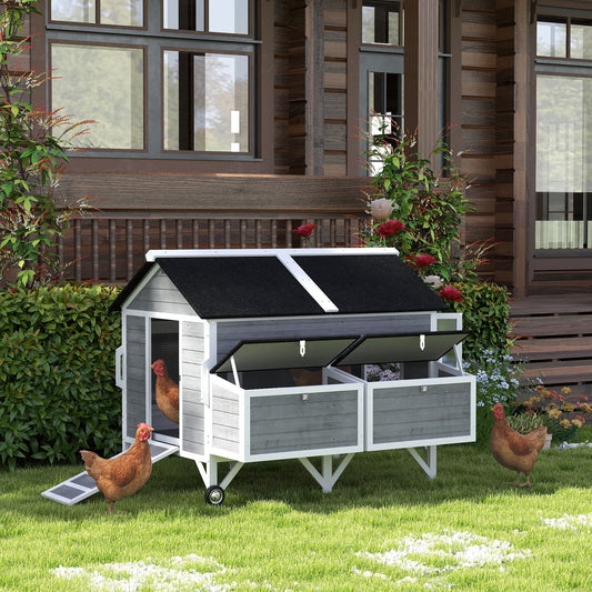 KFX-0741053 Gray 59" Wooden Chicken Coop with Wheels, Handles, 2 Nesting Boxes, 4 Perches for 5-8 Chickens