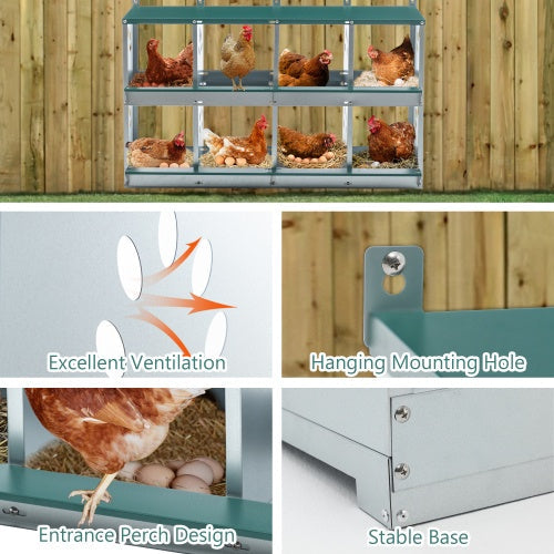 KFX-0744765 8 Compartment Wall-Mounted Chicken Nesting Box for Egg Laying, Metal Construction with Vented Holes