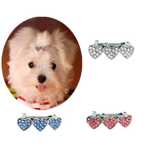 KFX-0747965 Cute Rhinestone Alloy Heart Barrette for Dogs in White, Pink, and Blue - 3CM Ornament