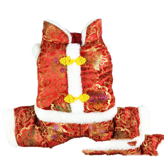 KFX-0759229 Tang Suit Four-Legged Pet Apparel in Silk Lining Cotton – Red & Blue Options Available