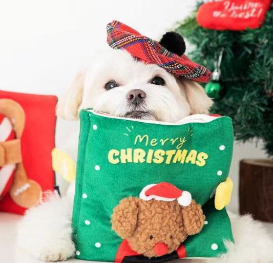 KFX-0759485 Christmas-Themed Plush Dog Toy: Food Hiding Book for Playtime Fun