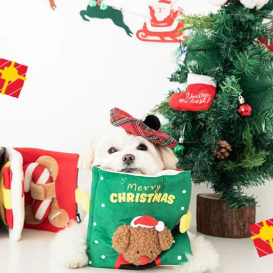 KFX-0759485 Christmas-Themed Plush Dog Toy: Food Hiding Book for Playtime Fun