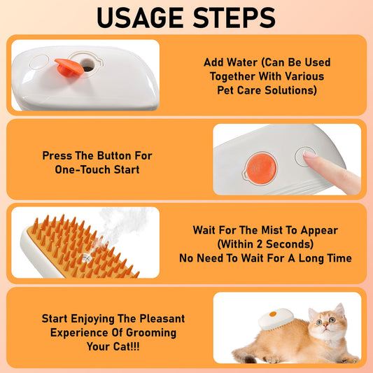 KFX-0760253 4-in-1 Cat and Dog Steam Brush with Mist Function, Anti-Static Shedding Comb, Water Spritz Grooming Tool for Indoor Use