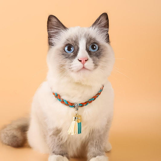 KFX-0799165 Colorblock Adjustable Cat Collar in Turquoise, Orange Green, and Pale Pink - Korean Velvet/Silk Material