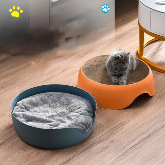KFX-0806973 Dual-Function Cat Nest and Scratching Bowl with Thick Plush Mat for Year-Round Use