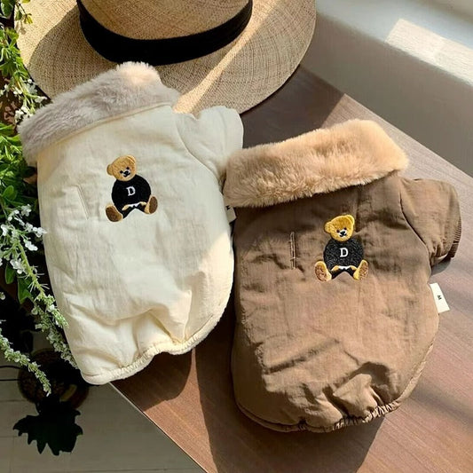 KFX-0813117 Thick Warm Jacket for Small Dogs and Cats, Autumn/Winter Apparel in Beige and Brown Bear Designs