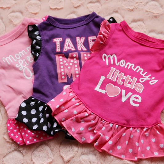KFX-0851389 Small Dog Summer Dress with Bowknot and Letter Print in Pink, Purple, and Rose - Cotton Blend Apparel for Girls