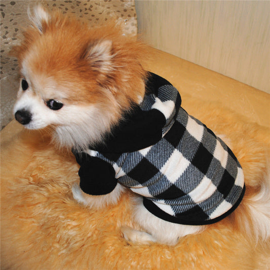 KFX-0885053 Cozy Fleece Winter Dog Sweater with Hood in Black and White Grid Pattern