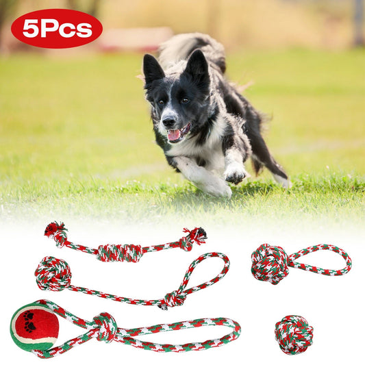 KFX-0888381 Set of 5 Holiday-Themed Dog Rope Chew Toys for Interactive Play and Dental Health