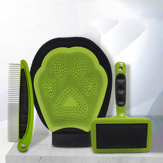 KFX-0897085 Pet Grooming Set with Rake Comb, Needle Comb, and Bath Gloves for Floating Hair Removal