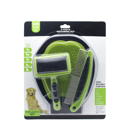 KFX-0897085 Pet Grooming Set with Rake Comb, Needle Comb, and Bath Gloves for Floating Hair Removal