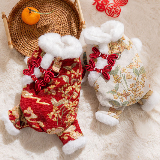 KFX-0938557 Lunar New Year Brocade Pet Jumpsuit with Faux Fur Trim and Traditional Chinese Knot Design