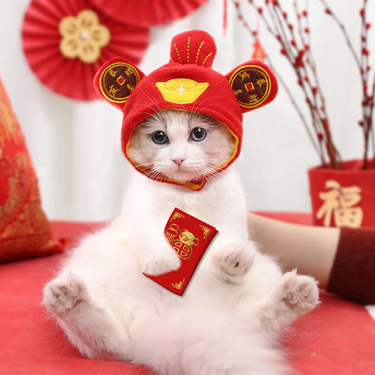 KFX-0977341 Decorative Woolen Pet Caps - Red God of Wealth and White Cat of Wealth for Winter Use