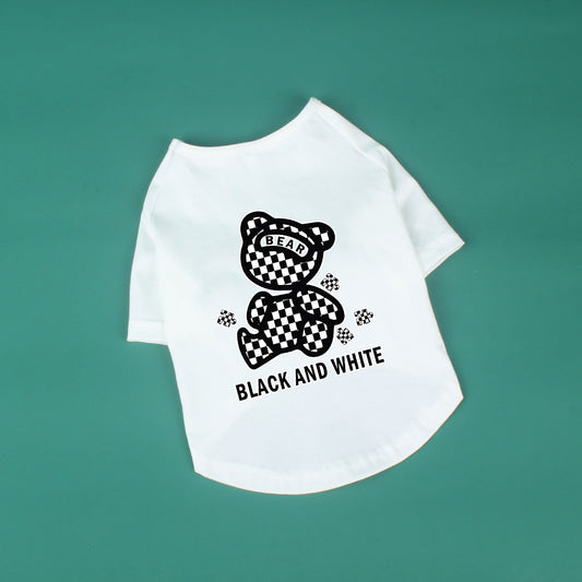 KFX-0994365 Cotton Short Sleeve T-Shirt with Black and White Plaid Bear Design