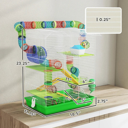 KFX-1003197 5-Tier Small Animal Cage with Tubes, Tunnels, Hut, Wheel, Food Bowl, and Water Bottle in Green