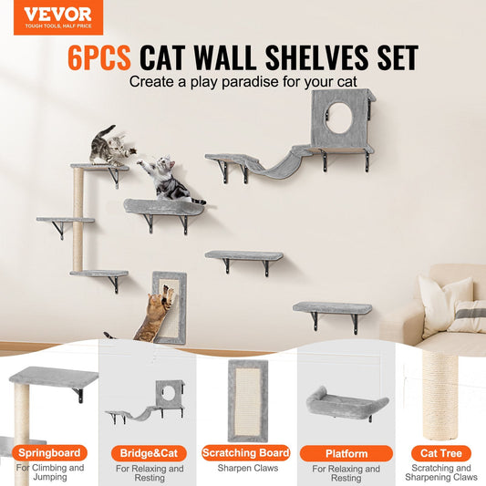 KFX-1011261 Wall Mounted Cat Shelves Set with Jumping Boards, Hammock, Sofa, Cat Tree, and Accessories for Climbing and Playing