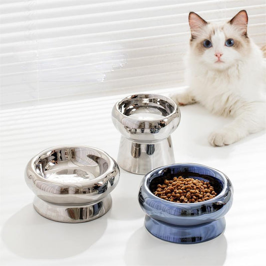 KFX-1026749 Tip-Proof Electroplated Ceramic Cat Bowl for Stable Feeding