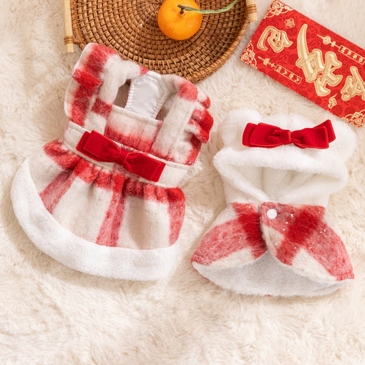 KFX-1036861 Festive Red & White Plaid Pet Dress and Hoodie Set for Small Dogs and Cats