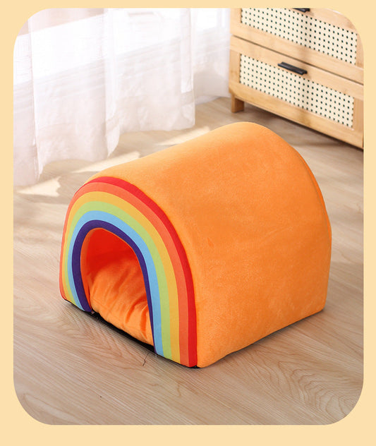 KFX-1038141 Universal Closed Cat Nest for All Seasons - Cozy Rainbow Design, 34x34x30cm Pet Bed