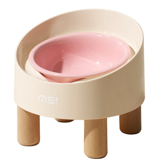 KFX-1059517 High Foot Ceramic Cat Bowl with Oblique Mouth Design and Anti-Tumble Beech Wooden Stand