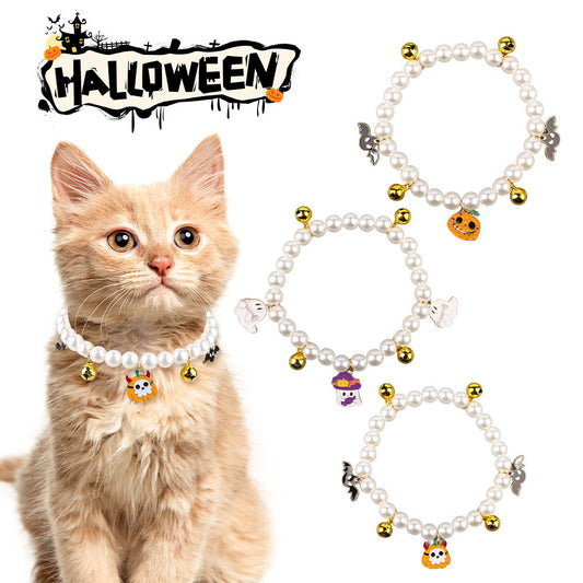 KFX-1061309 Halloween Cat Collar with Simulated Pearl Decoration in Purple Ghost, Skull, and Smile Pumpkin Designs