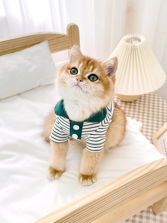 KFX-1063485 Striped Polo Shirt for Cats in Army Green, Tender Yellow, and Big Red