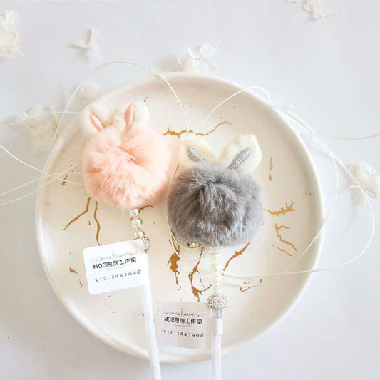 KFX-1071677 Funny Cat Stick Toy with Rabbit Ears, Tassel, Fur Ball and Bell - 40cm