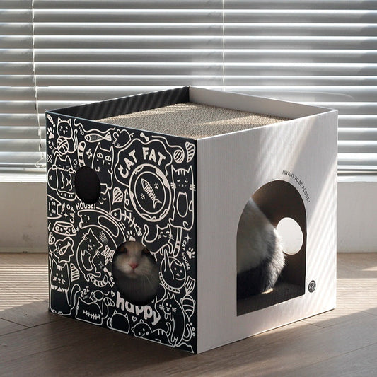 KFX-1074877 Double-Layer Cat Villa in White and Green Graffiti - Corrugated Paper Design, 32x32x32cm/43x30x30cm
