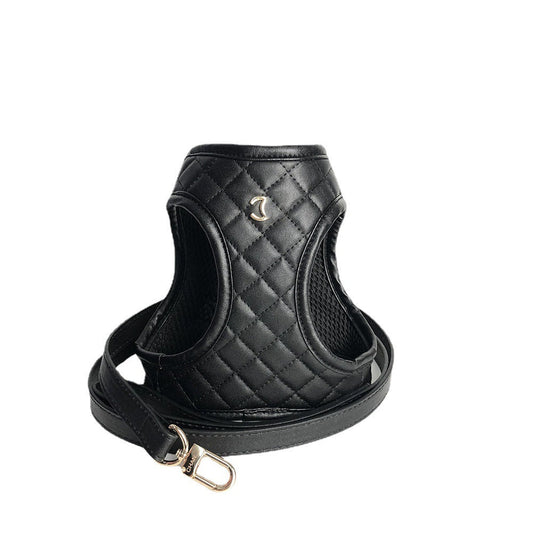 KFX-1091389 Leather Dog Chest and Back Harness Suit in Black - Sizes S to XL with Included Rope