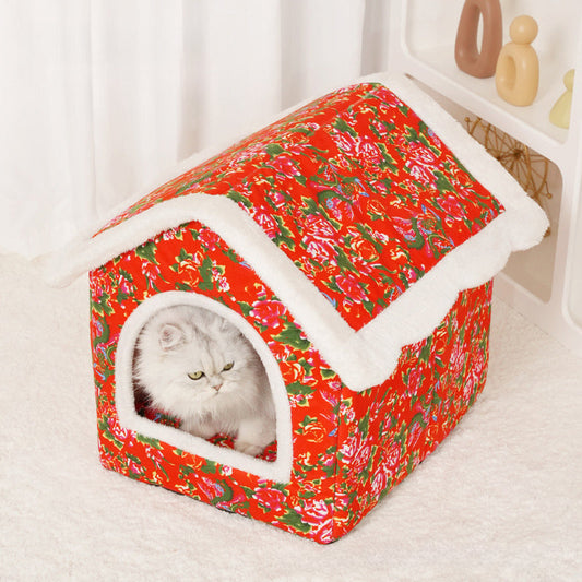 KFX-1092157 Cozy Chinese Style Cat Nest - Warm, Enclosed Cat House for All Seasons, Extra Large Size