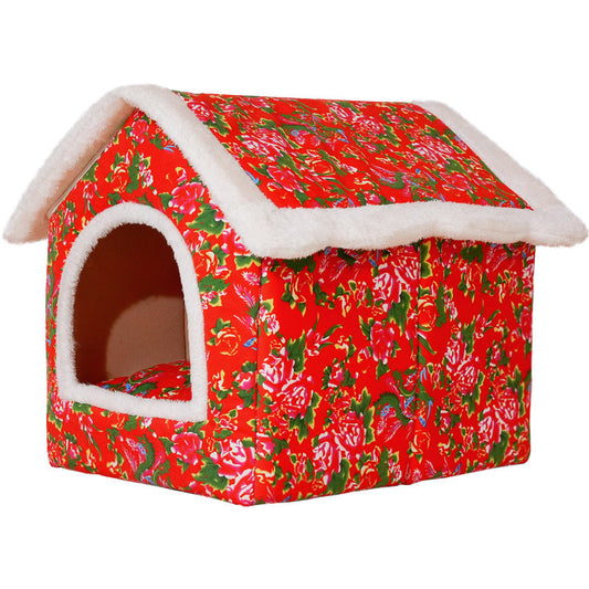 KFX-1092157 Cozy Chinese Style Cat Nest - Warm, Enclosed Cat House for All Seasons, Extra Large Size