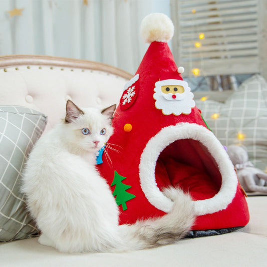 KFX-1097917 Warm Cat Nest with Christmas Hat Shape in Soft Plush and Sponge, Medium Size