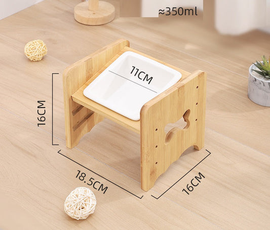 KFX-1115325 Adjustable Pet Feeding Bowl with Bamboo Base and Ceramic Dish for Cats and Small Dogs
