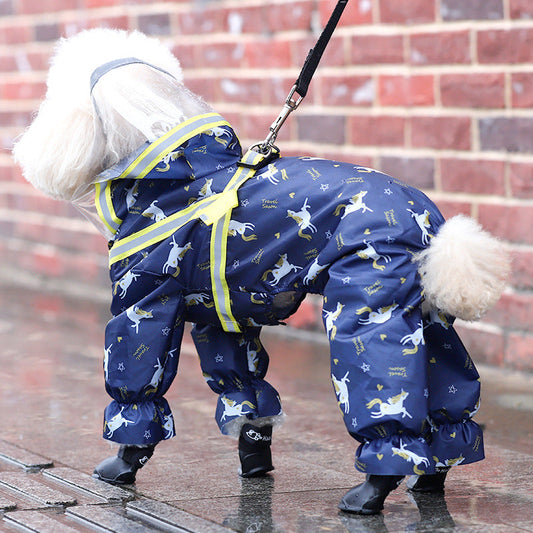 KFX-1115709 Four-Legged Waterproof Dog Raincoat in Navy Blue with Sling Traction