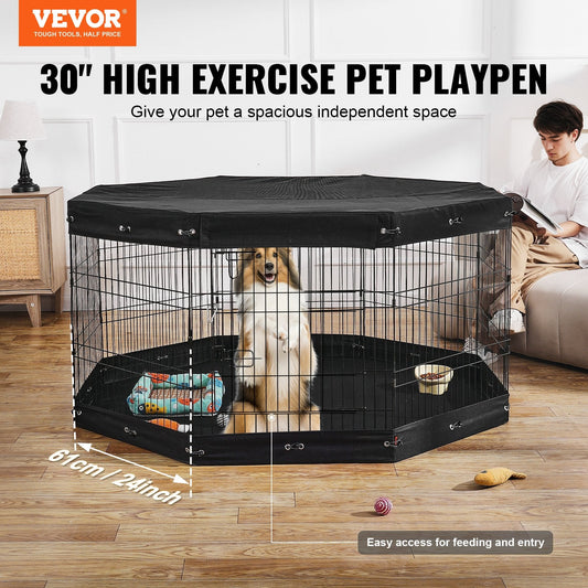 KFX-1137981 Foldable 8-Panel Metal Dog Exercise Playpen with Waterproof Cover, 30" Height, Perfect for Medium Pets