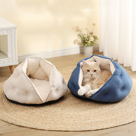 KFX-1169213 Warm Short Plush Dumpling Nest for Cats - Available in Beige and Blue