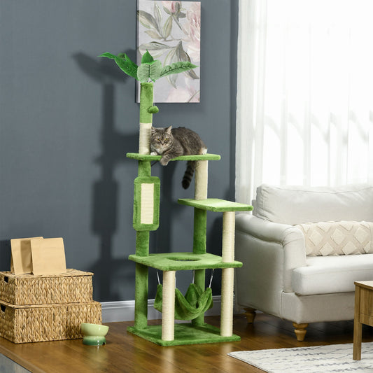 KFX-1178173 Indoor Cat Tree with Hammock, Multi-Level Activity Center, Natural Sisal Scratching Posts, Cozy Condos and Perches for Cats Up to 11 lbs