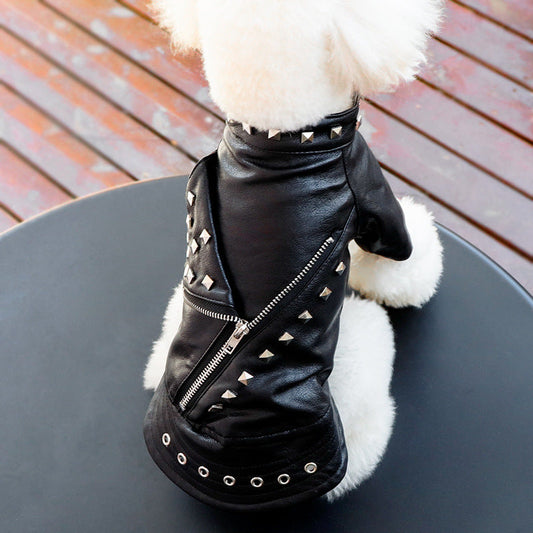 KFX-1183037 Stylish Rivet Black Leather Coat for Dogs and Cats - Ideal for Autumn and Winter, Sizes S to XL