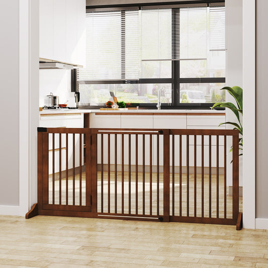 KFX-1186109 Adjustable Freestanding Wooden Pet Gate with Lockable Door, 3 Panels - Brown