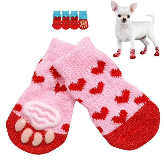 KFX-1187261 Pet Knit Cotton Skid-Proof Socks for Dogs and Cats - Warm and Stylish Footwear, Set of 4